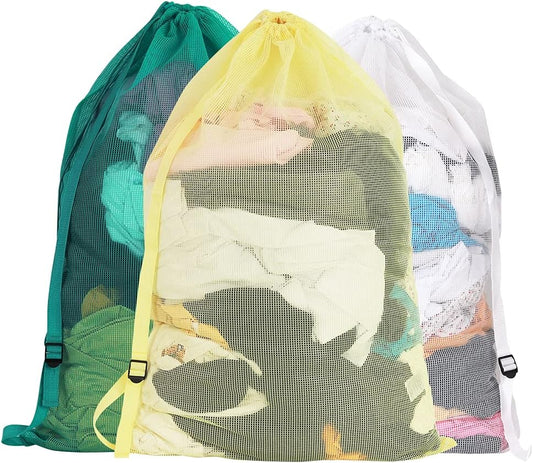 Mesh Laundry Bags with Adjustable Shoulder Strap, 24" x 36" Heavy Duty Nylon, Drawstring Closure, 3-Pack, Mixed Colors