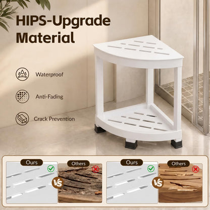 Corner Shower Shelf with 2-Tier Storage, Waterproof Bathroom Organizer & Shower Stool for Inside Shower, Small Corner Side Table with Non-Slip Feet for Bathroom, Bedroom & Living Room, White