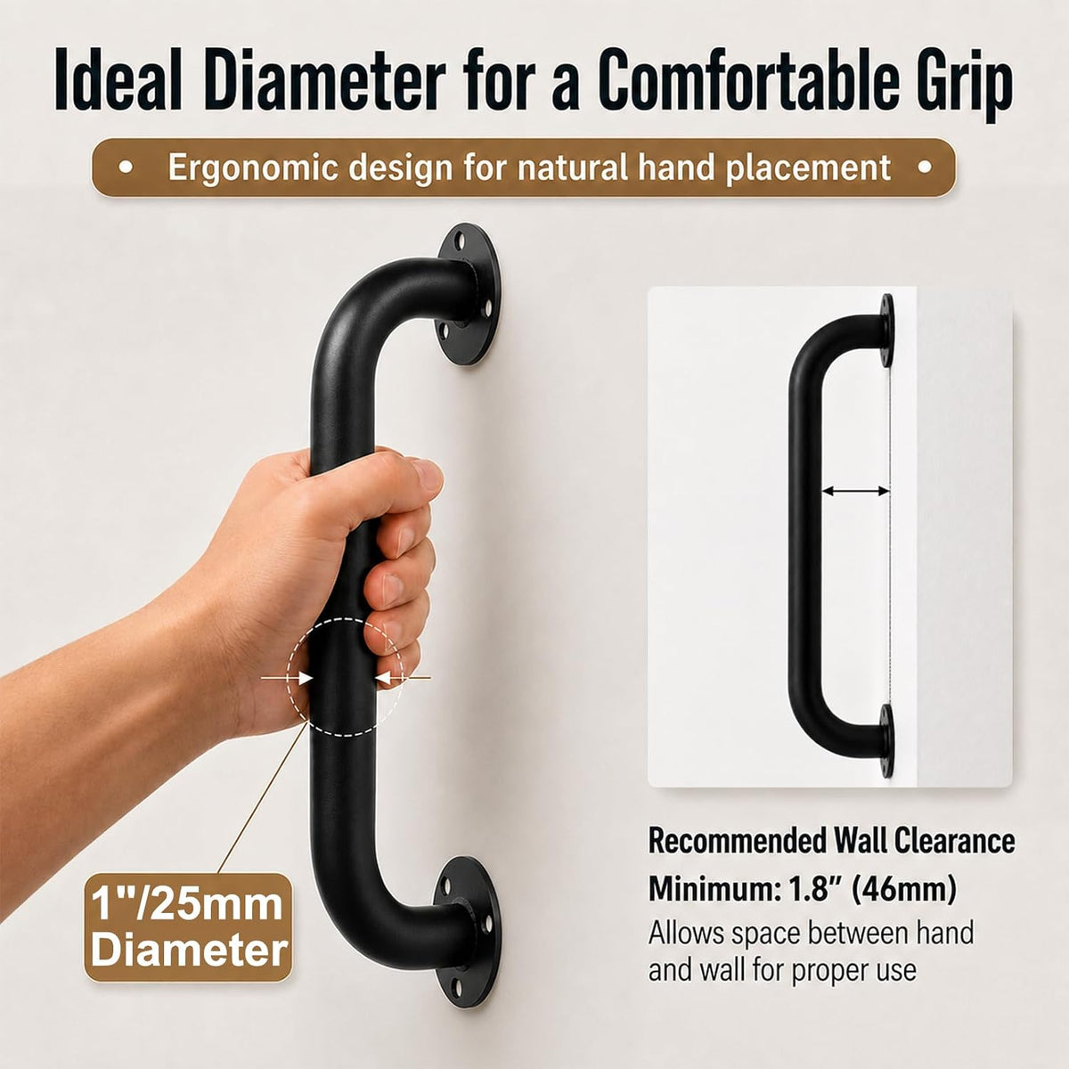 12 Inch Black Metal Wall Mount Stair Handrail Grab Bar 1Pack