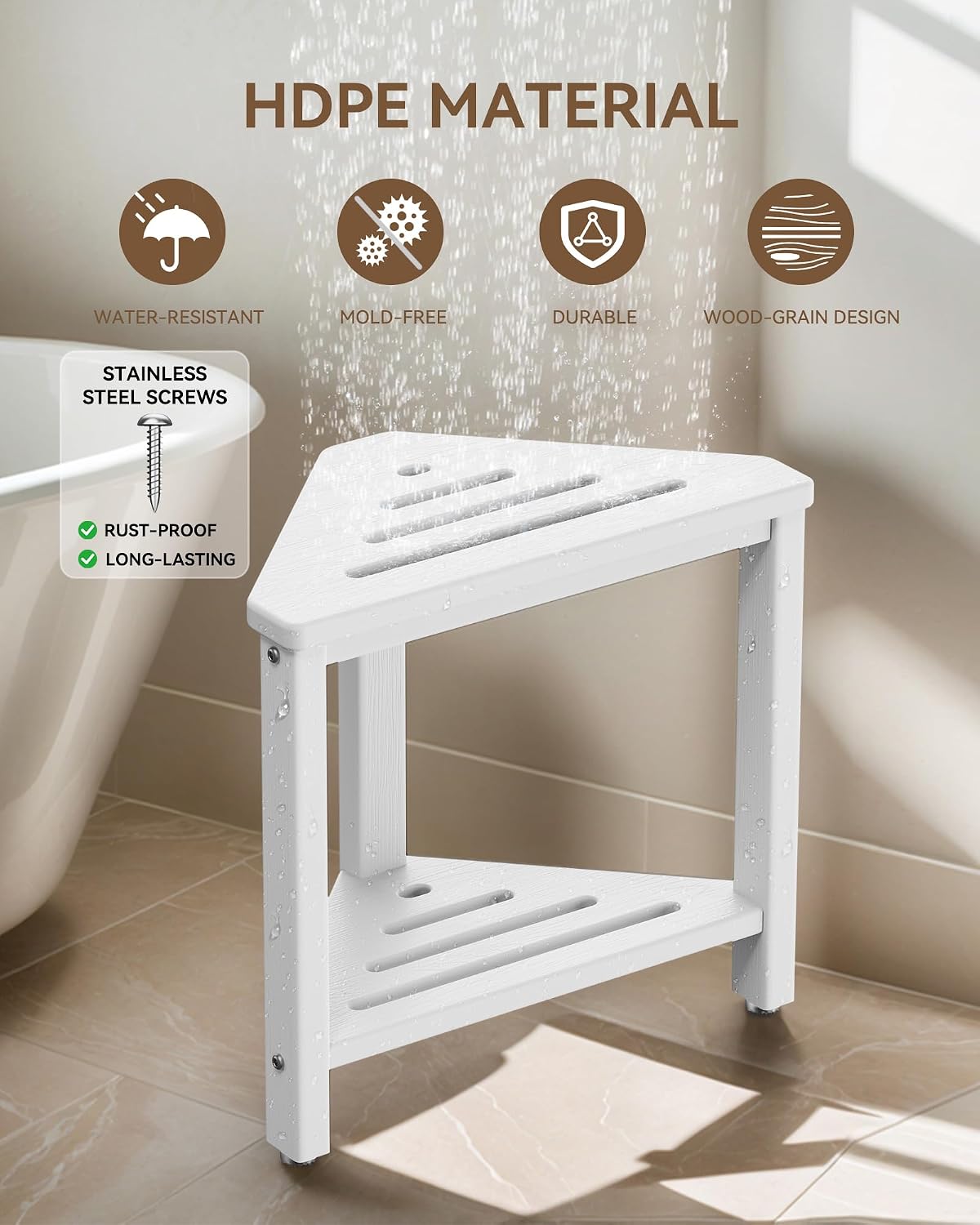 Shower Foot Rest 15in, HDPE Waterproof Shower Stool for Inside Shower,White