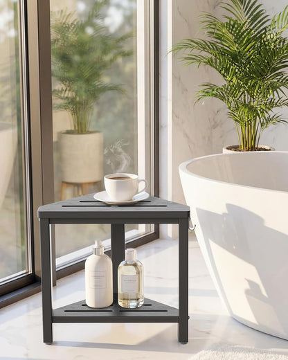 15" Shower Foot Rest with Side Hook, HDPE Waterproof Corner Shower Stool for Shaving Legs, Anti-Slip Shower Bench with Storage Shelf for Inside Shower, Space-Saving Shower Seat for Small Showers, Gray
