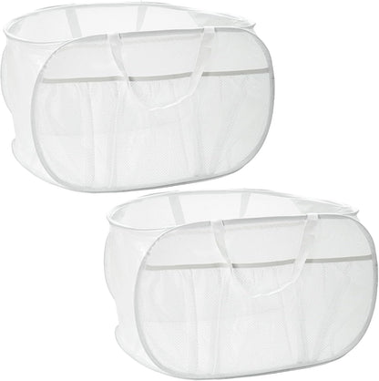 2 Pack Collapsible Laundry Baskets, Upgrade Pop Up Laundry Hamper with Convenient Bags, Foldable Laundry Basket Mesh Light Weight, Easy to Carry Clothes Hampers for Laundry, Dorm, Toys, Travel White