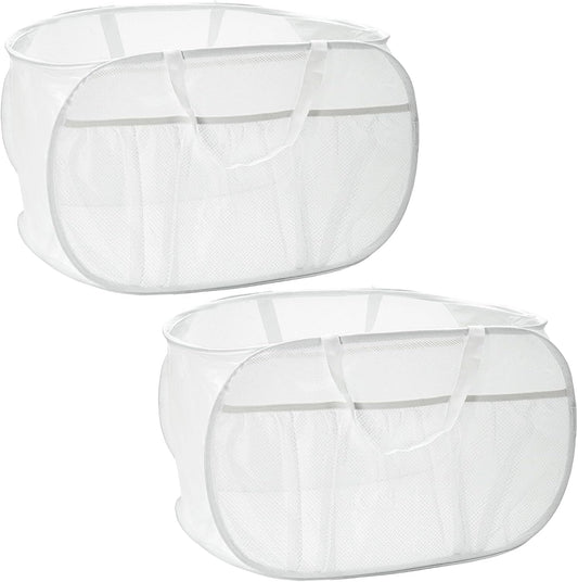 2 Pack Collapsible Laundry Baskets, Upgrade Pop Up Laundry Hamper with Convenient Bags, Foldable Laundry Basket Mesh Light Weight, Easy to Carry Clothes Hampers for Laundry, Dorm, Toys, Travel White