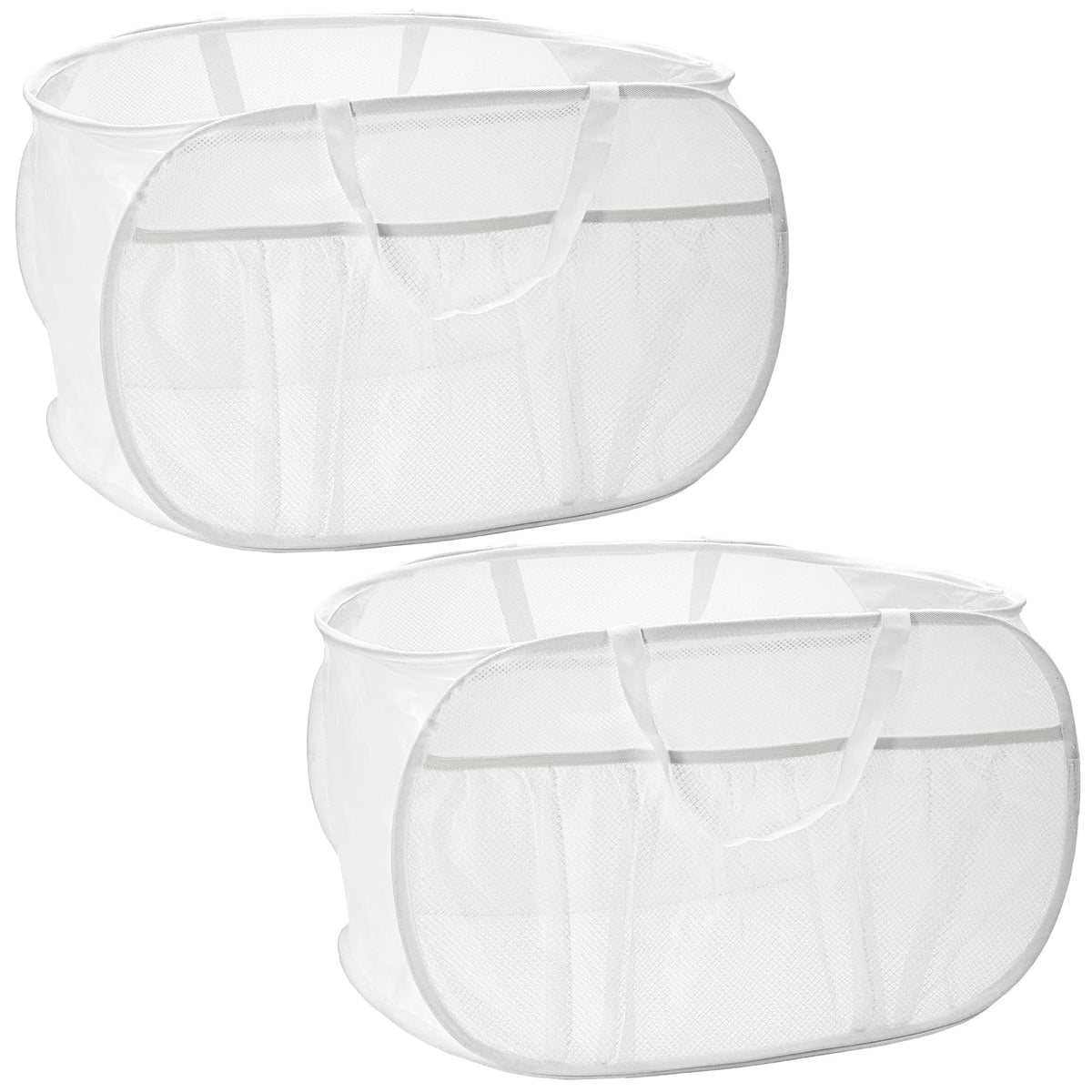2 Pack Collapsible Laundry Baskets, Upgrade Pop Up Laundry Hamper with Convenient Bags, Foldable Laundry Basket Mesh Light Weight, Easy to Carry Clothes Hampers for Laundry, Dorm, Toys, Travel White