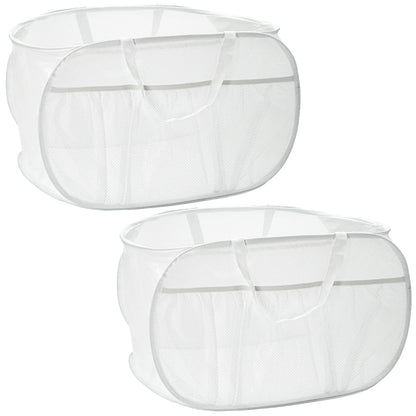 2 Pack Collapsible Laundry Baskets, Upgrade Pop Up Laundry Hamper with Convenient Bags, Foldable Laundry Basket Mesh Light Weight, Easy to Carry Clothes Hampers for Laundry, Dorm, Toys, Travel White