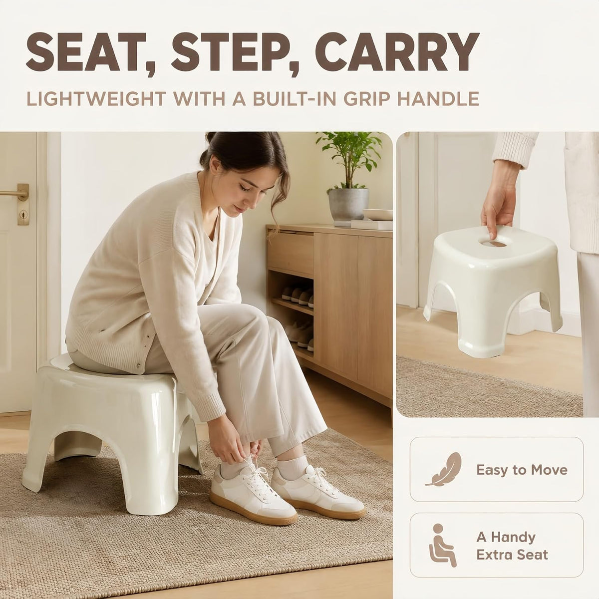 Plastic Step Stool, Heavy Duty Foot Stool with Anti-Slip Pads, Waterproof One-Piece Small Stool with Handle, Portable Stool for Bathroom, Shower, Kitchen & Entryway