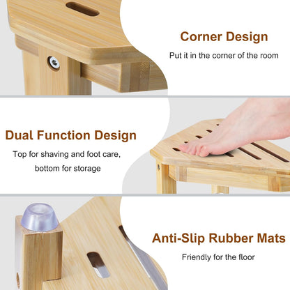 Boulphia Shower Foot Rest 13.8in, Bamboo Shower Stool for Shaving Legs, Waterproof Corner Shower Stool with Storage Shelf, Shower Foot Stool for Inside Small Shower Spaces