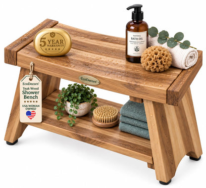 EcoDecors 18" Teak Shower Bench with Shelf, Solid Teak Wood Shower Stool