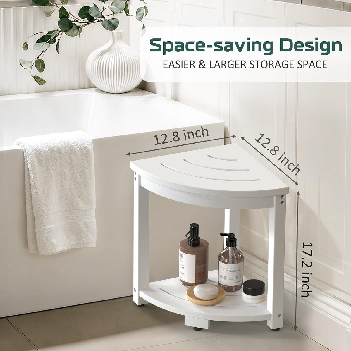 Waterproof HIPS Corner Shower Stool for Inside Shower, 17.2"H, White