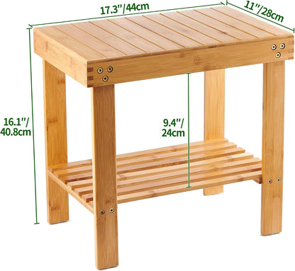 VaeFae Bamboo Shower Bench, Spa Bench Seat Stool, Foot Rest Shaving Stool with Non-Slip Feets and Storage Shelf, Works in Bathroom/Living Room/Bedroom/Garden Leisure