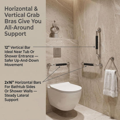 2Pcs Grab Bars for Shower, 16 Inch Stainless Steel Bathroom Safety Handrail with Non-Slip Rubber Grip, Mirror Polished Shower Handles, Handicap Grab Bars for Seniors Elderly