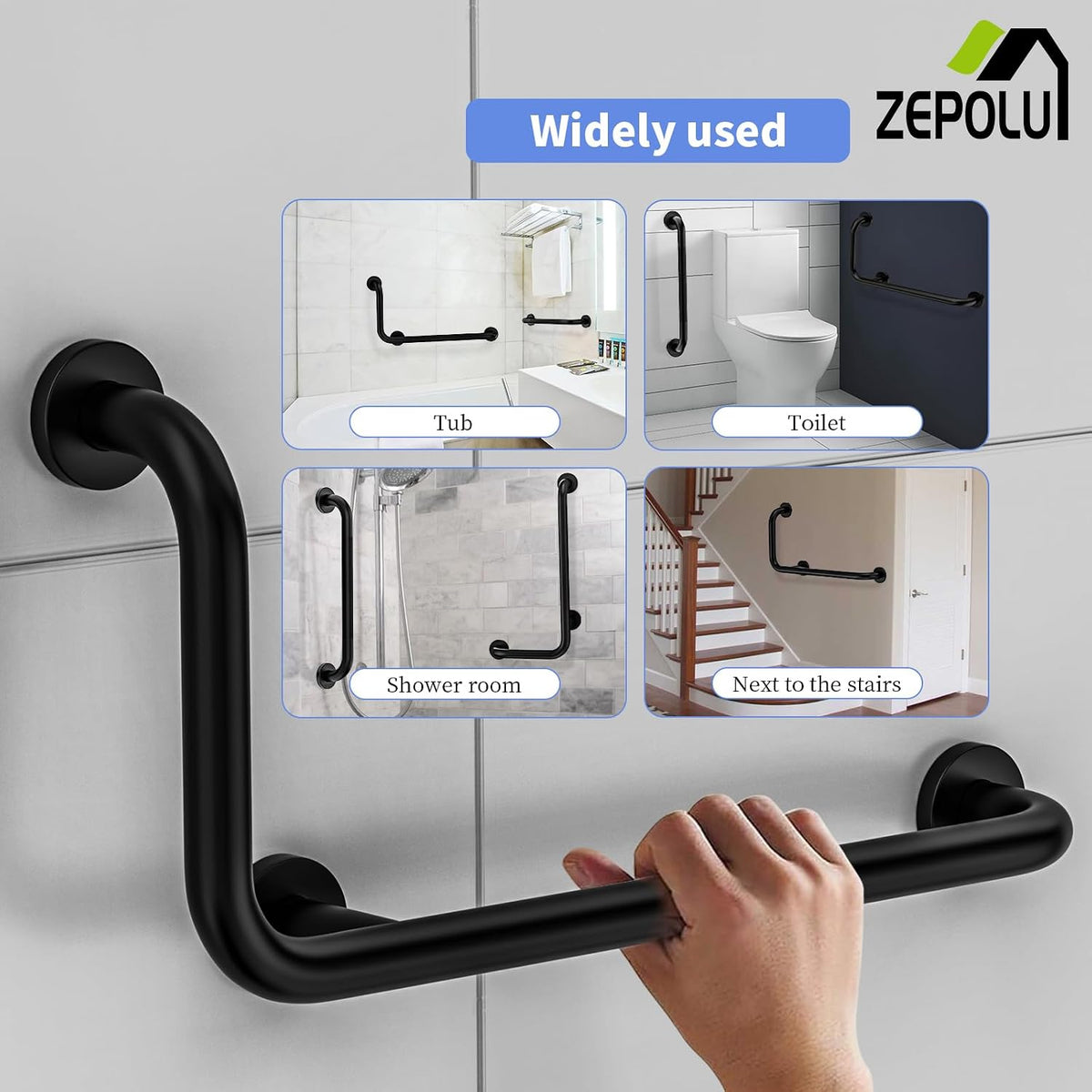 Black Angled Grab Bar 12x24 Inch, L-Shaped Grab Bar for Bathtub and Shower