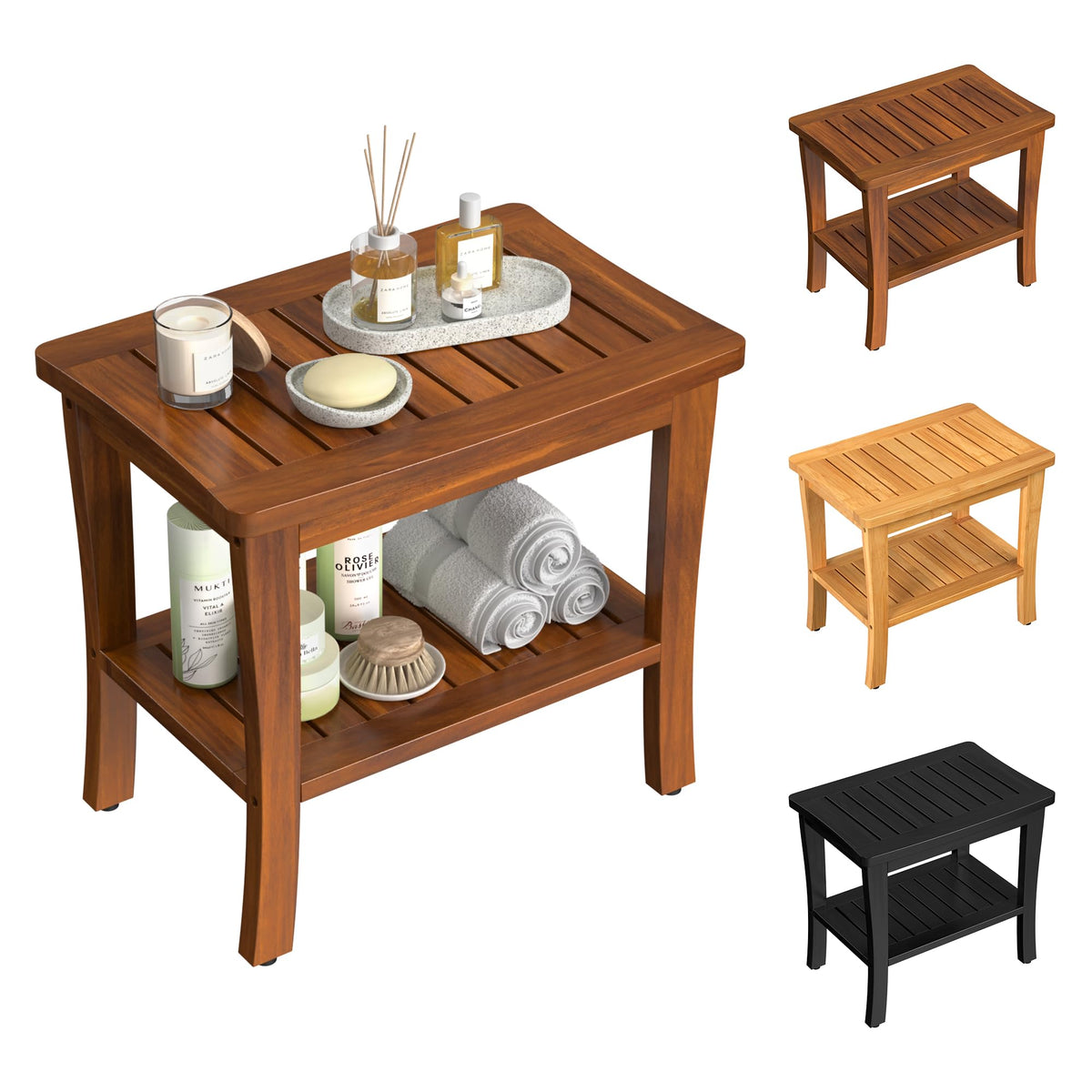 Teak Wood Shower Bench Stool with Storage Shelf, Wooden Waterproof Bathroom Spa Bathing Teak Shower Stool with Non-Slip Feet Gadget 2024 for Indoor or Outdoor Shower Chair Seat Organizer