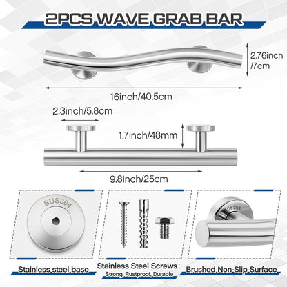 2 Pack Wave Grab Bar Decorative 16 Inch Stylish Stainless Steel Brushed Finish Safety Shower Bar Wall Mounted for Bathroom Bathtubs Toilet Steps Bed Seniors Elderly Handicap Pregnant Women