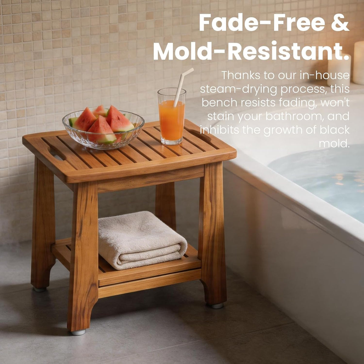 NNN 18" Standard Teak Shower Bench with Japan-Made Non-Slip Leveling Feet