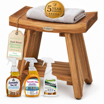 EcoDecors 18" Teak Shower Bench with Shelf, Solid Teak Wood Shower Stool