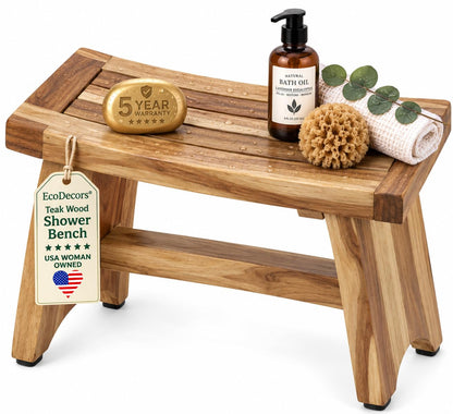 EcoDecors 18" Teak Shower Bench with Shelf, Solid Teak Wood Shower Stool