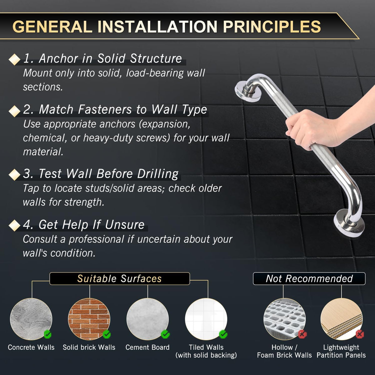 supregear Bathroom Grab Bar Rail, 304 Stainless Steel Non-Slip Bathroom Handle, Safety Handle, Indoor/Outdoor Auxiliary Handle for Kitchen Bedroom Bathtub, Shower and Steps, 10 inch