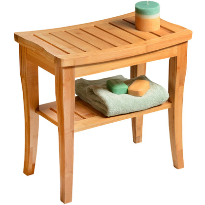 Bamboo Shower Bench - Wooden Shower Stool with Storage Shelf, Non Slip Seat