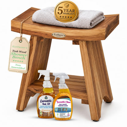 EcoDecors 18" Teak Shower Bench with Shelf, Solid Teak Wood Shower Stool