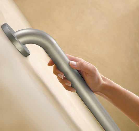 Moen Home Care Bathroom Safety 24 Inch Stainless Steel Handicap Grab Bar for Bathtub and Shower, Slip Resistant Peened Texture, Elderly Assistance Product, Polished Brass, R8724P (Pack of 2)