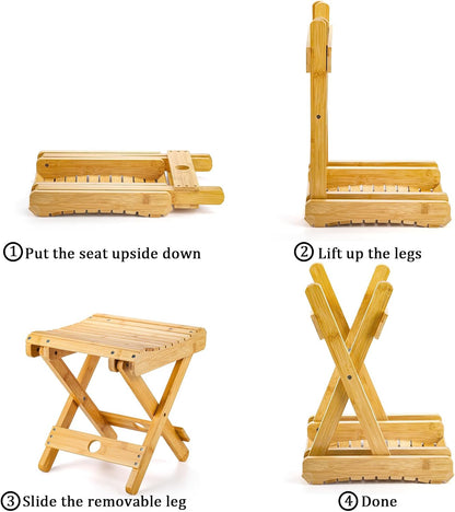 Lawei Bamboo Folding Step Stool - 12 Inch Height Bamboo Shower Bench Stool Spa Bath Seat Chairs for Shower, Leg Shaving and Foot Rest, Portable Small Stool Little Chair