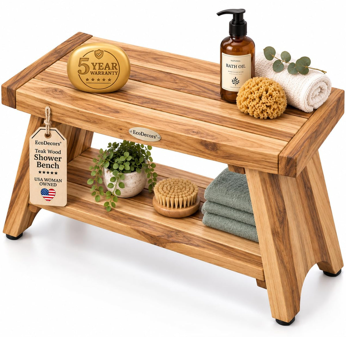 EcoDecors 18" Teak Shower Bench with Shelf, Solid Teak Wood Shower Stool