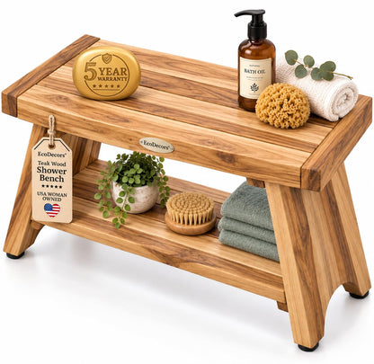 EcoDecors 18" Teak Shower Bench with Shelf, Solid Teak Wood Shower Stool