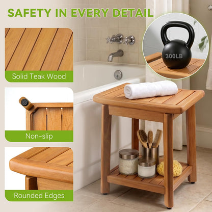 Teak Shower Bench for Inside Shower, Waterproof Wooden Shower Stool