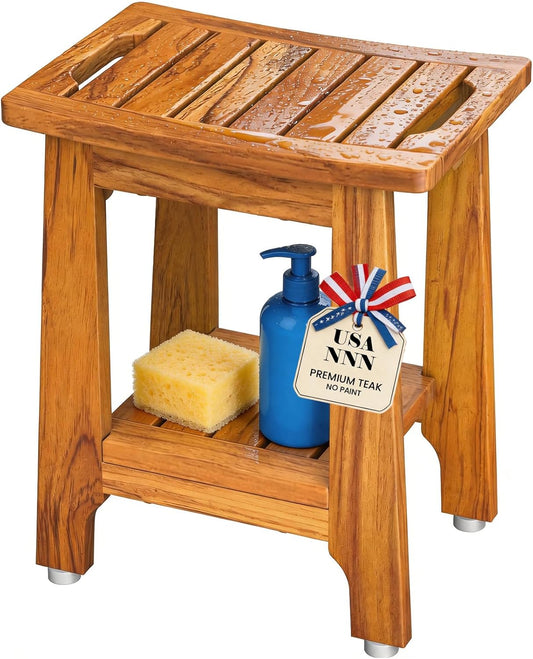 NNN 14" Compact Teak Shower Stool with Japan-Made Non-Slip Leveling Feet