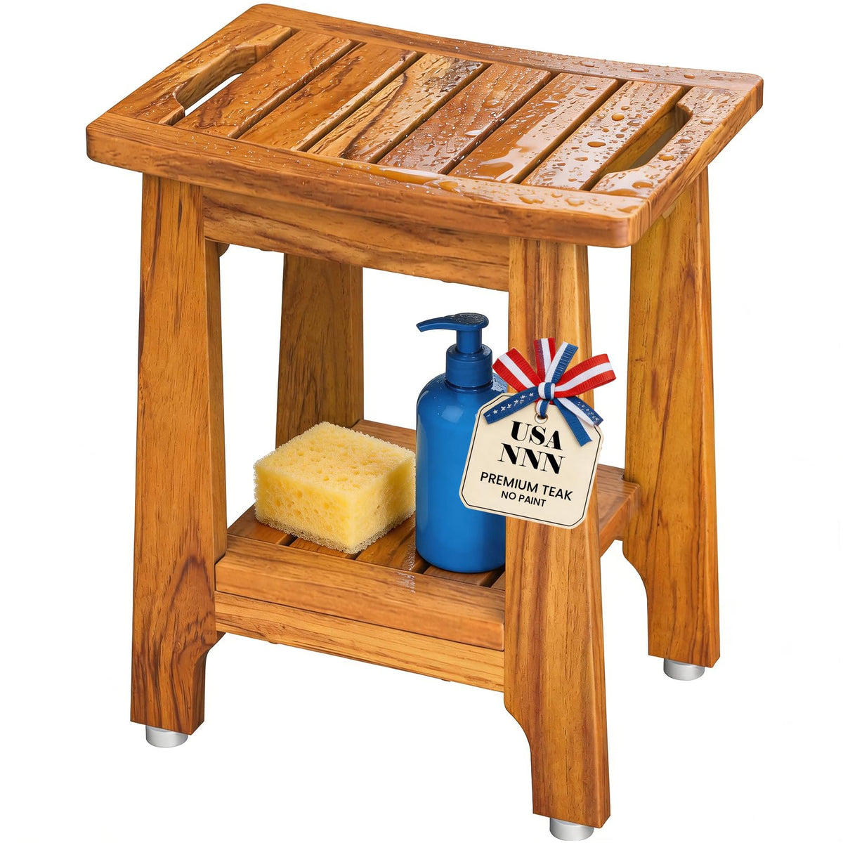 NNN 14" Compact Teak Shower Stool with Japan-Made Non-Slip Leveling Feet