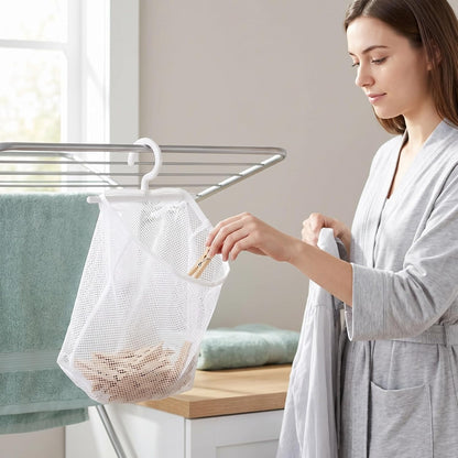 Hemobllo Hanging Mesh Clothespin Bag White Clothes Pin Holder with Hook
