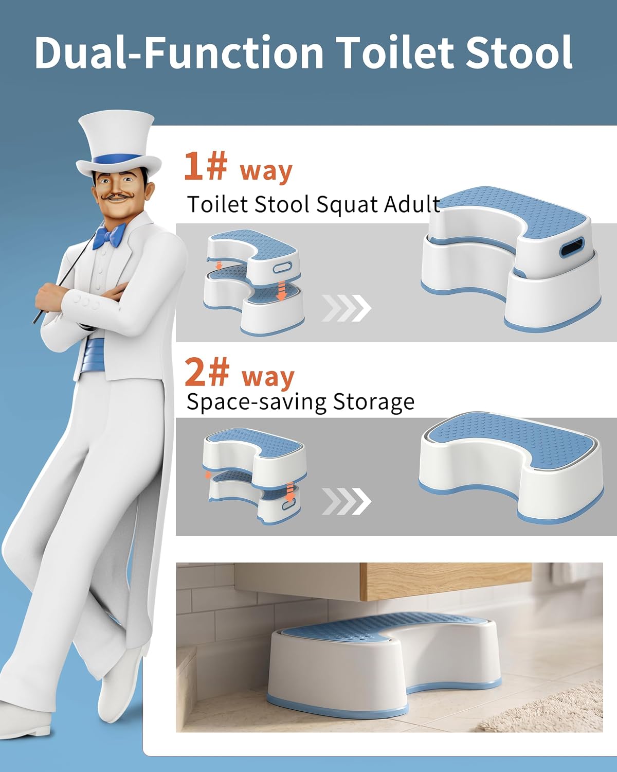 MR.SIGA Toilet Stool Squat Adult Bathroom Foot Stool, White & Grayish Blue