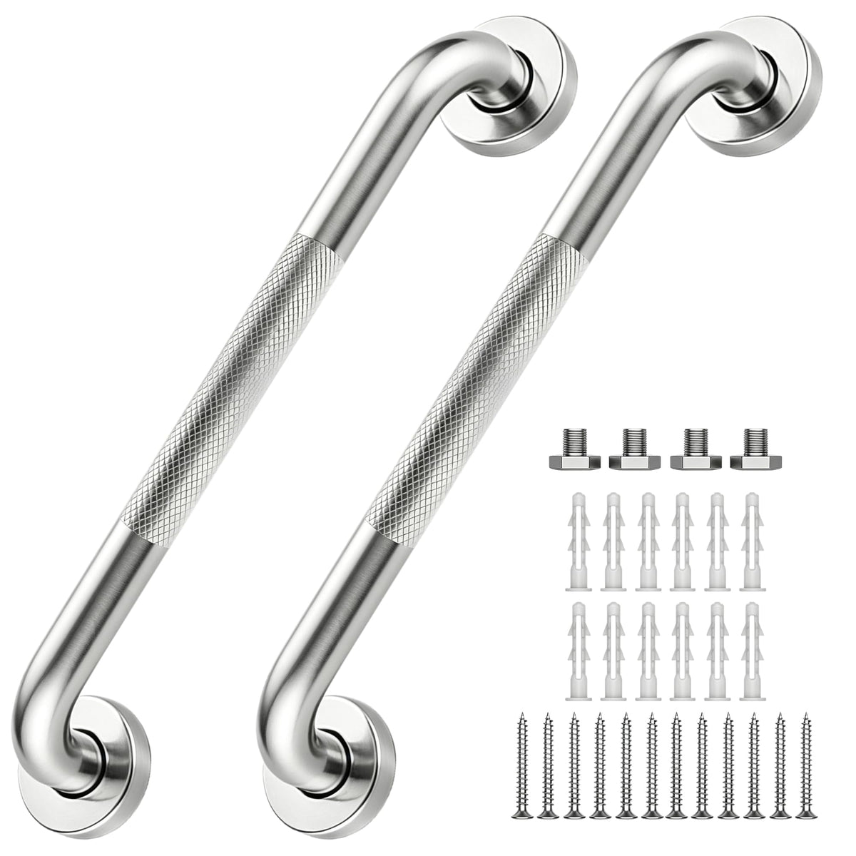 16 Inch Grab Bars 1.25" Dia,2 Pack Brushed Nickel 304 Stainless Steel Bathroom Grab Bar,Anti Slip Knurled Safety Bar,Wall Mount Handicap Grab Bars,Support Handrail for Seniors Elderly Injury