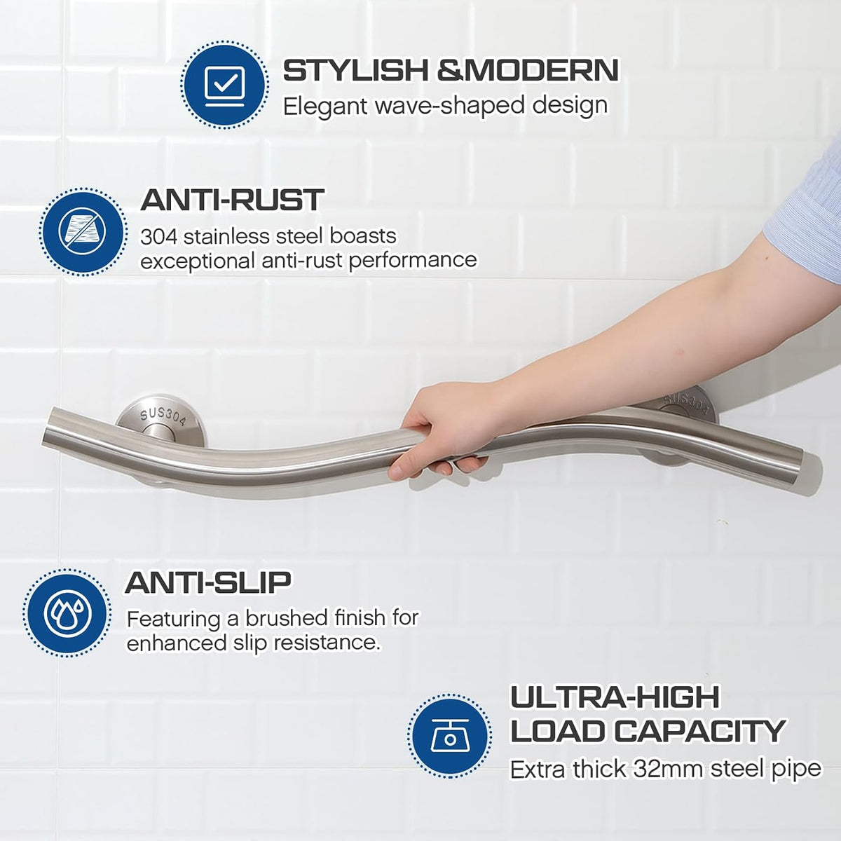 2 Pack Wave Grab Bar Decorative 16 Inch Stylish Stainless Steel Brushed Finish Safety Shower Bar Wall Mounted for Bathroom Bathtubs Toilet Steps Bed Seniors Elderly Handicap Pregnant Women