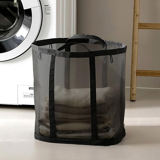 Mesh Bag with Handles, Collapsible Laundry Basket, Foldable Laundry Bag, Breathable Folding Beach Bag,Space-saving Travel Tote Bags (1, Black)