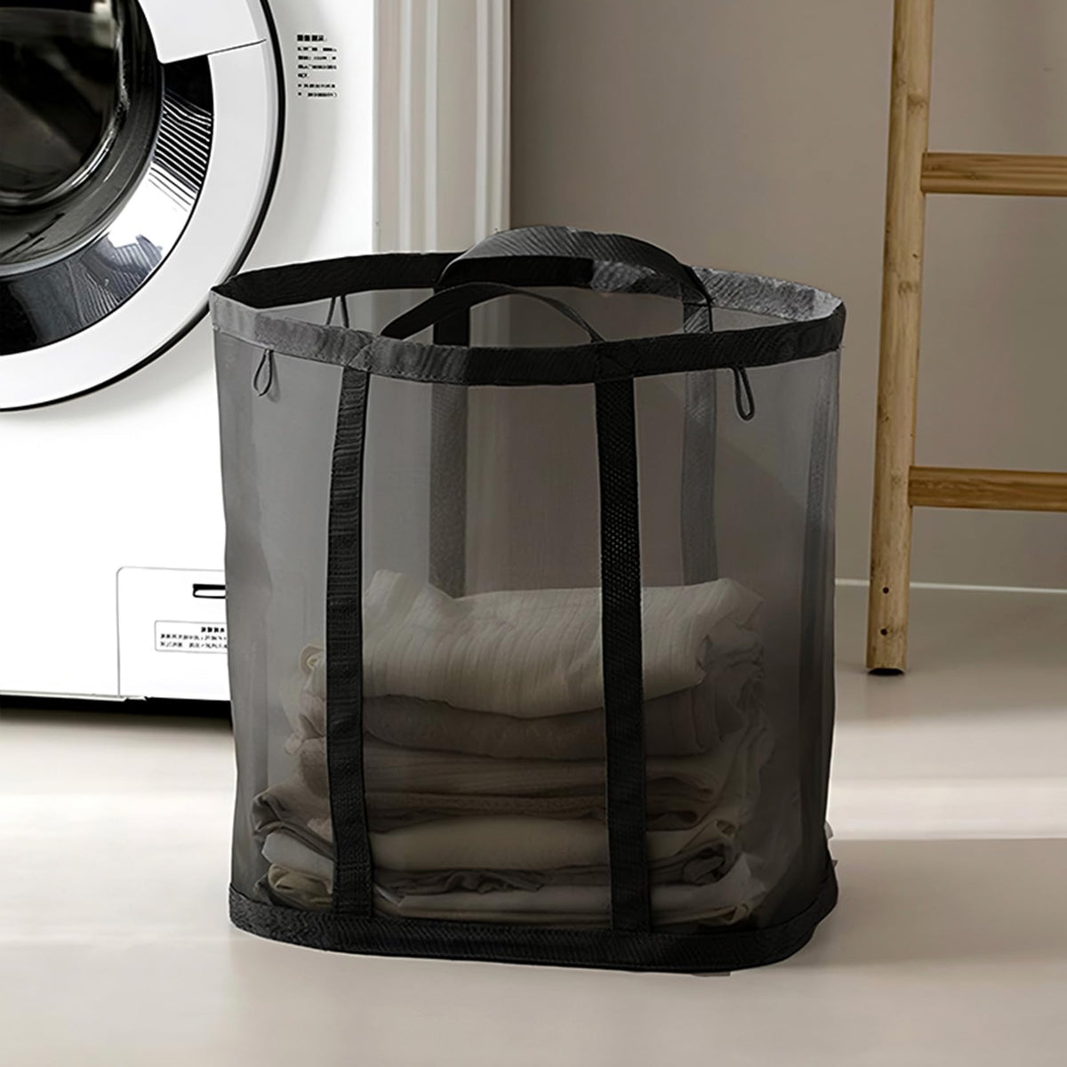 Mesh Bag with Handles, Collapsible Laundry Basket, Foldable Laundry Bag, Breathable Folding Beach Bag,Space-saving Travel Tote Bags (1, Black)