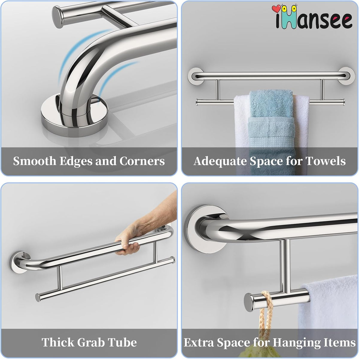 Polished Chrome Grab Bar with Towel Holder, Grab Bars for Shower 24 Inch