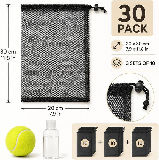 30 Pack 8 x 12 Inch Mesh Drawstring Bags, Black Nylon Mesh Bag with Cord Lock Closure, Portable Laundry Bag Golf Ball Bags for Jewelry Toys Sports Storage Outdoor