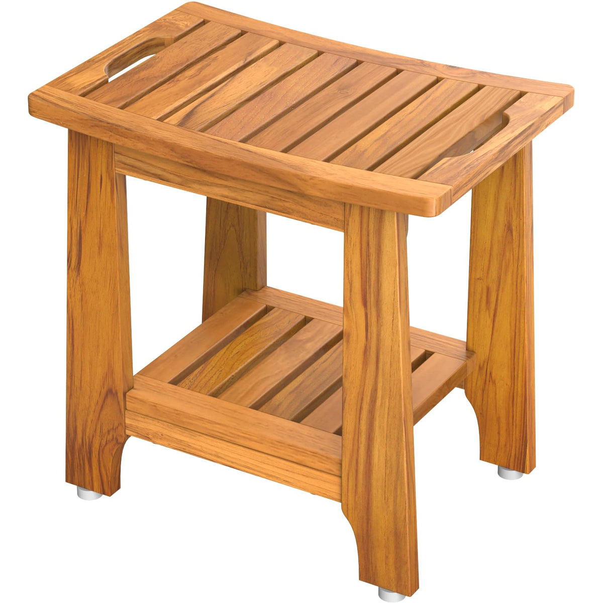 NNN 14" Compact Teak Shower Stool with Japan-Made Non-Slip Leveling Feet