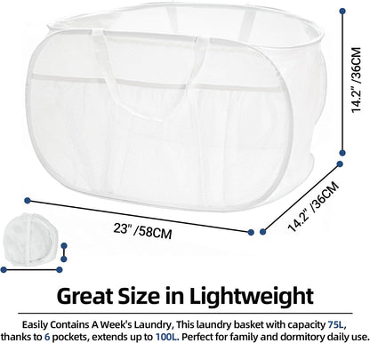 2 Pack Collapsible Laundry Baskets, Upgrade Pop Up Laundry Hamper with Convenient Bags, Foldable Laundry Basket Mesh Light Weight, Easy to Carry Clothes Hampers for Laundry, Dorm, Toys, Travel White