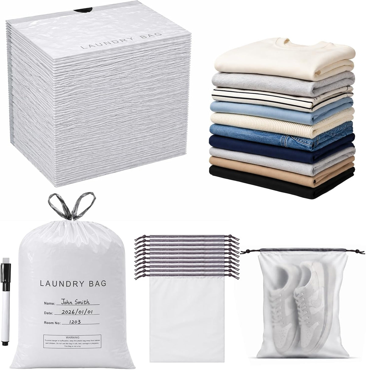 100 Pack Large Hotel Laundry Bags with 10 Pack Shoe Bags- 20.87 x 15.75 Inch Disposable Plastic Bags Bulk for Travel, Airbnb, Cruise, Hospital and Nursing home- Dirty Clothes Bag with Writing Strips