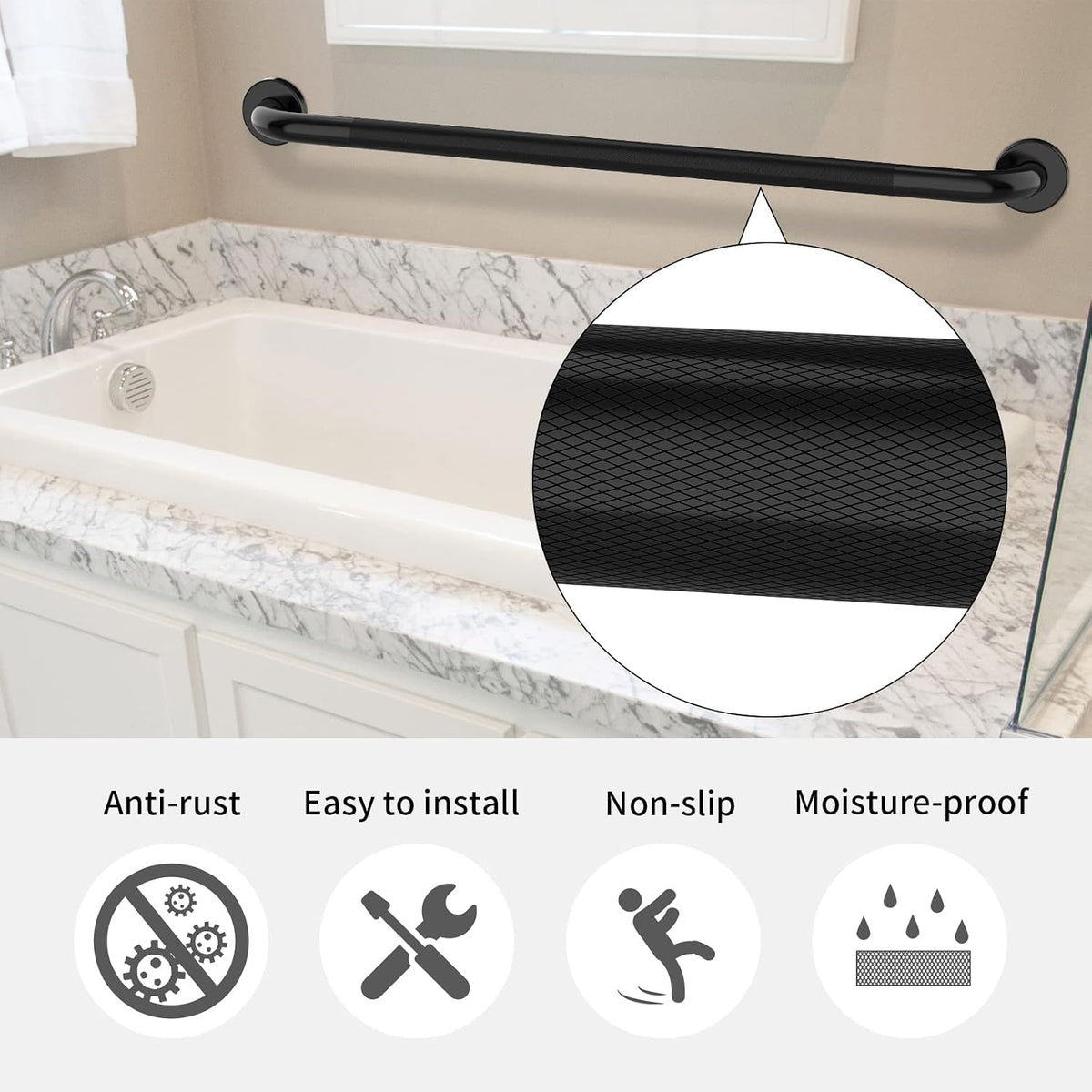Black Knurled Grab Bar 36 Inch, Safety Shower Handrail for Senior