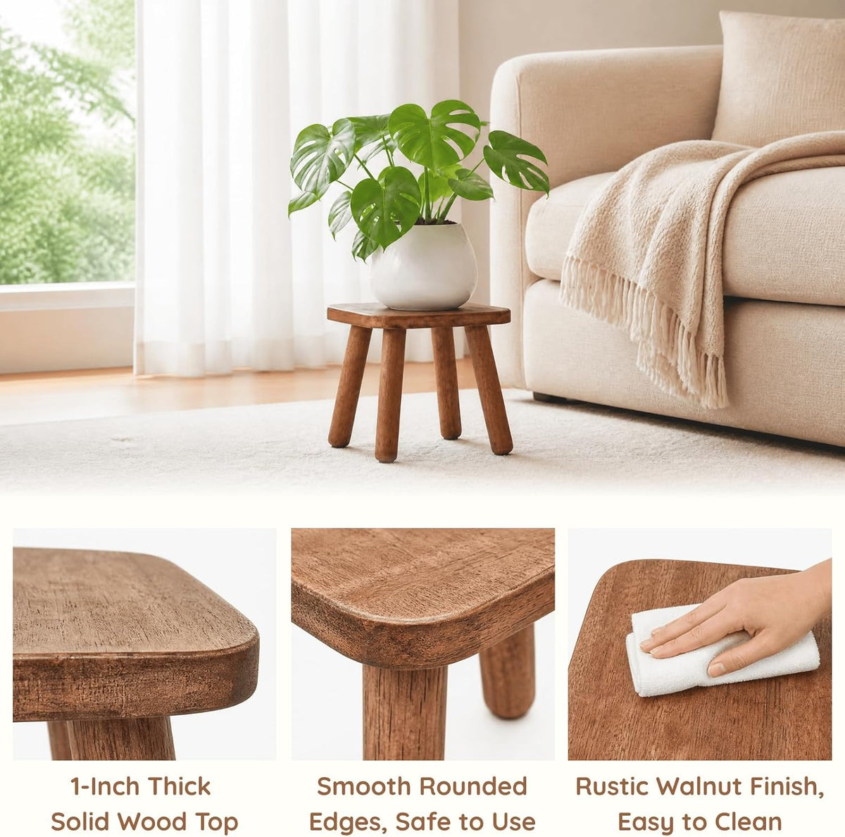 Youeon 9 Inch Small Wooden Step Stool, Non-Slip One Step Stool for Adults, Holds up to 300 Lbs, Portable & Sturdy, Footstool for Bedroom, Bathroom, Kitchen, Easy to Assemble