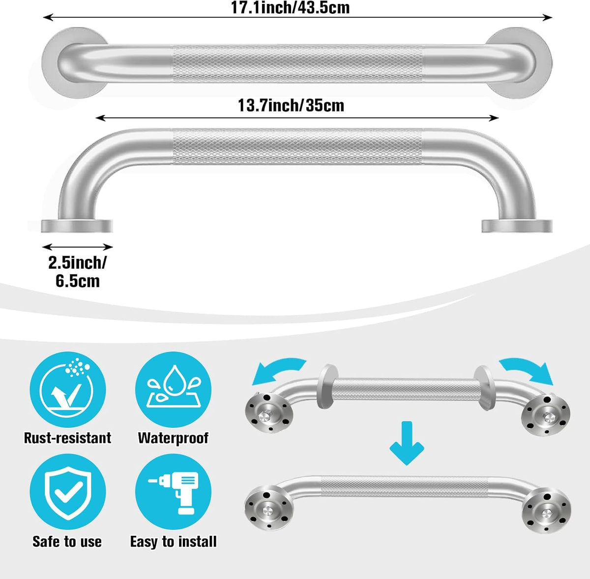 2 Pack 16 Inch Shower Grab Bars for Seniors Anti-Slip Textured Grip