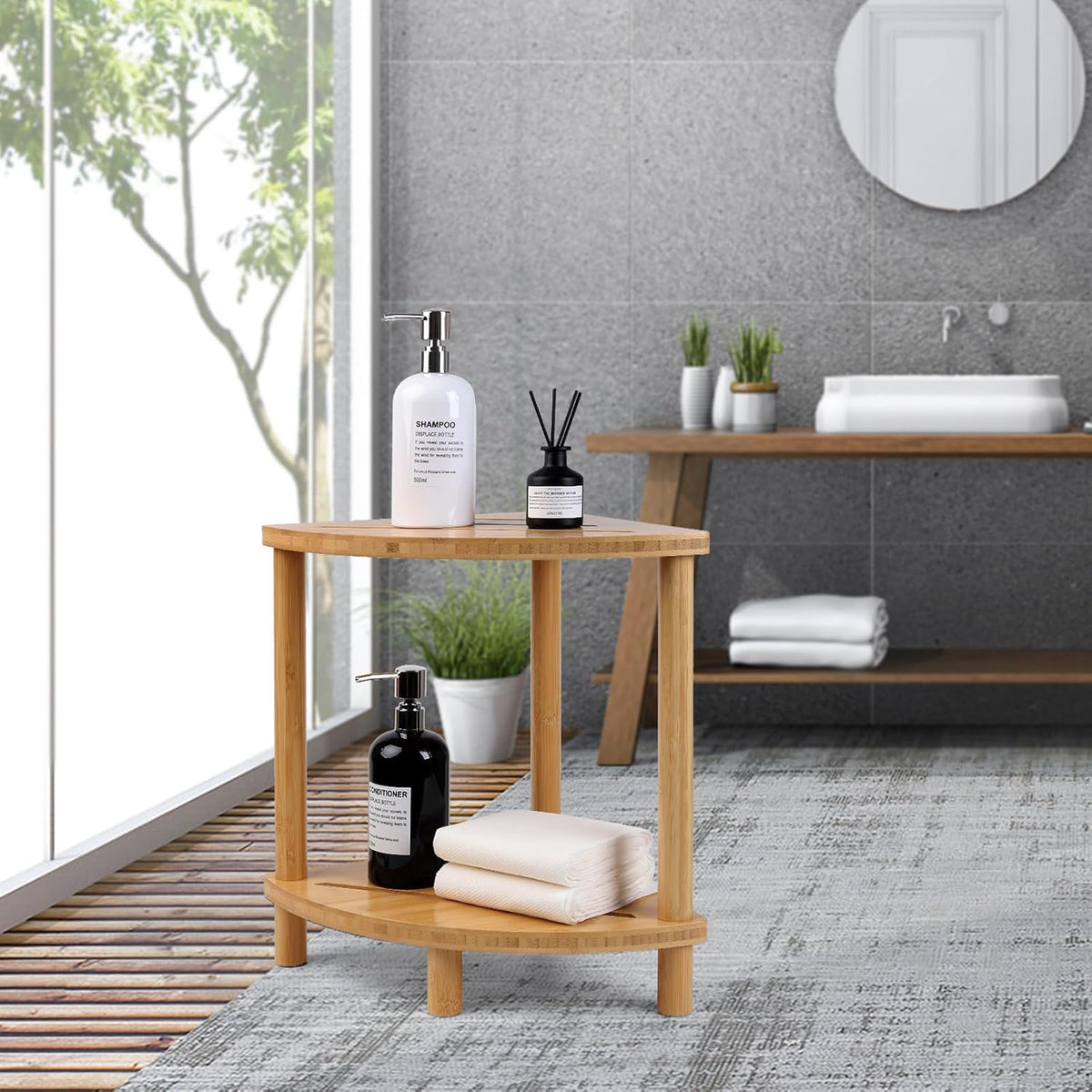 Bamboo Shower Stool for Inside Shower 2-Tier,Corner Shower Bench