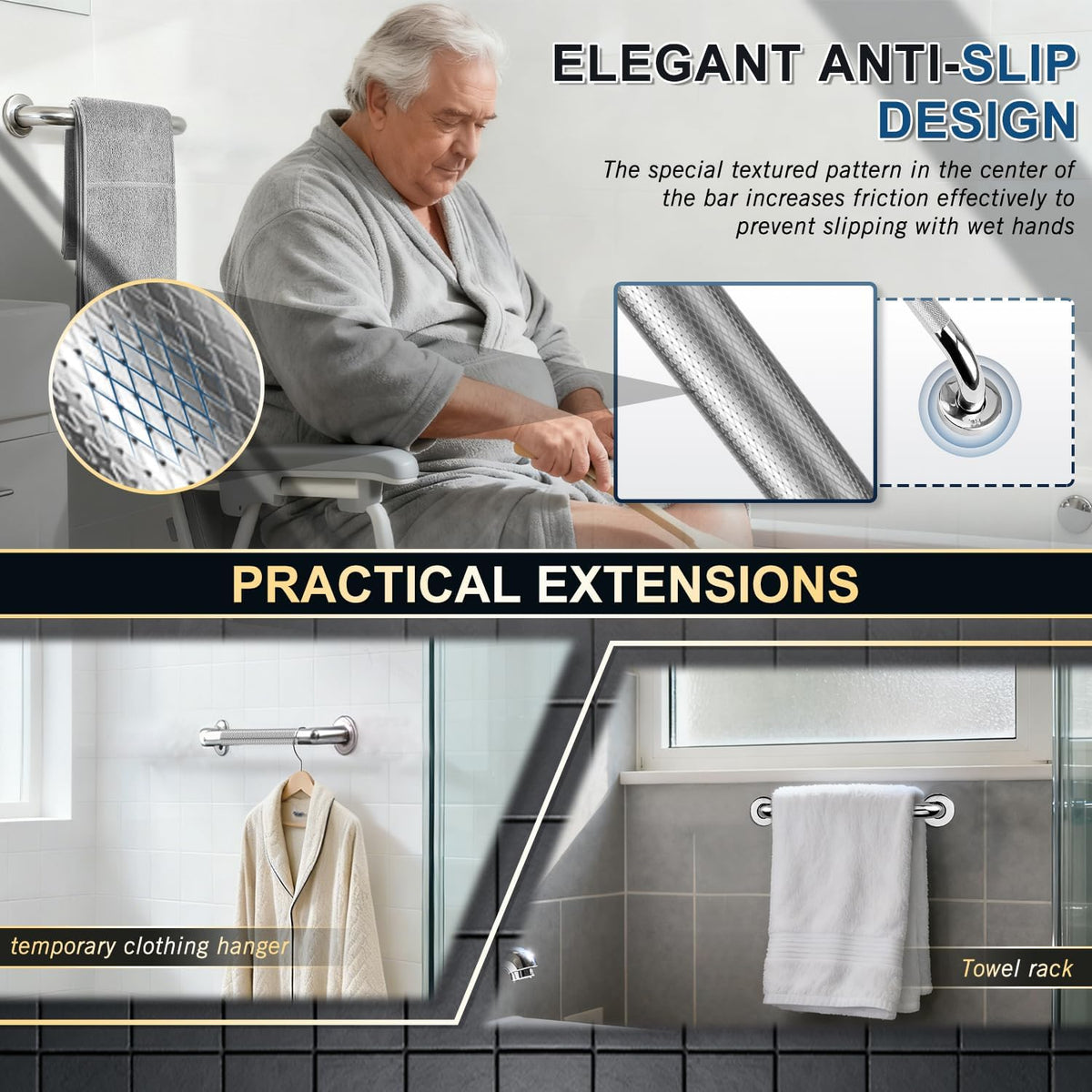 supregear Bathroom Grab Bar Rail, 304 Stainless Steel Non-Slip Bathroom Handle, Safety Handle, Indoor/Outdoor Auxiliary Handle for Kitchen Bedroom Bathtub, Shower and Steps, 10 inch