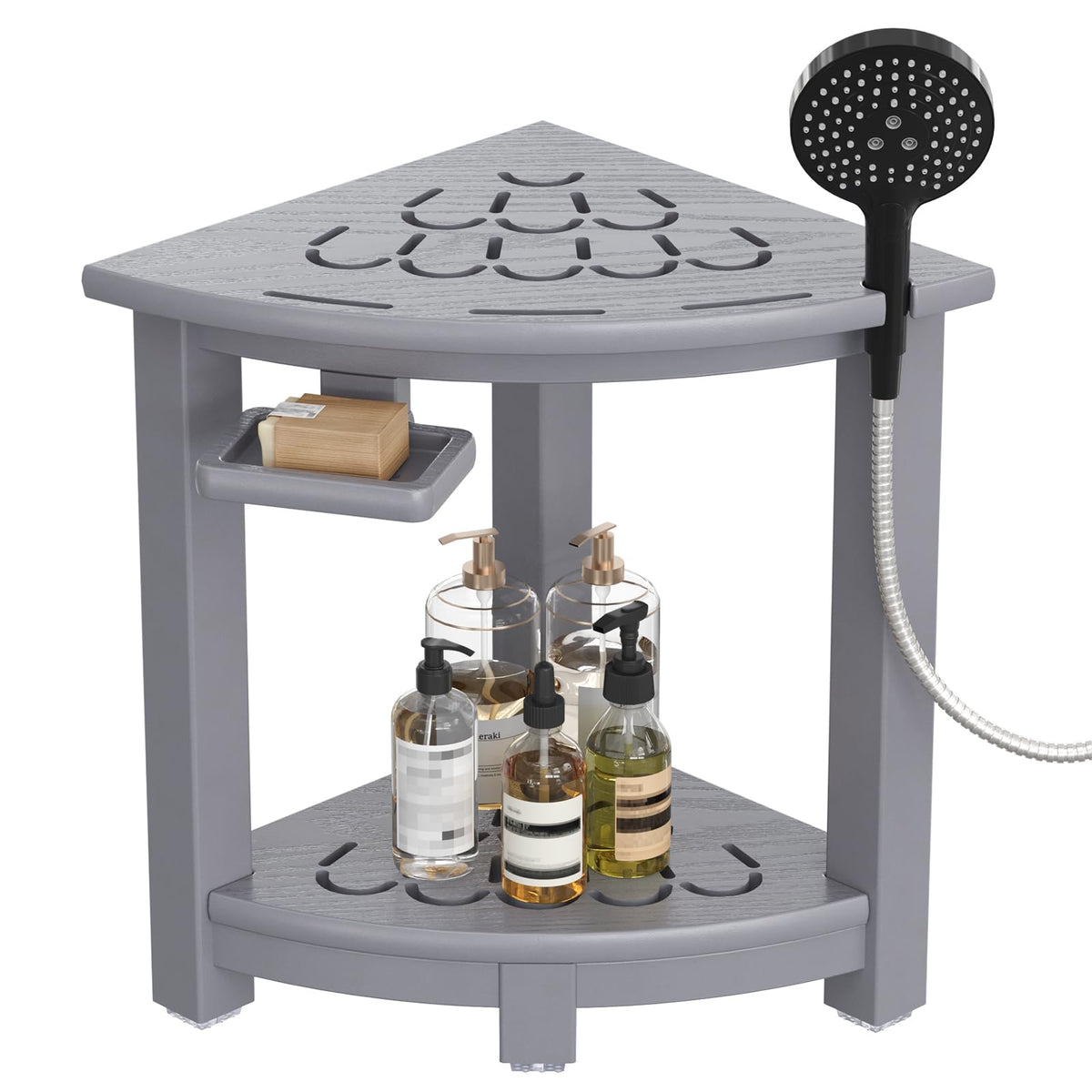 NALONE Corner Shower Stool, HDPE Shower Bench for Inside Shower, Small Shower Chair Seat for Shaving Legs with Storage Shelf, Soap Box and No-Slip Feet (White)