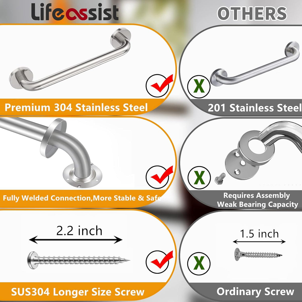16 Inch Brushed Nickel Grab Bar for Bathroom, 2 Pack