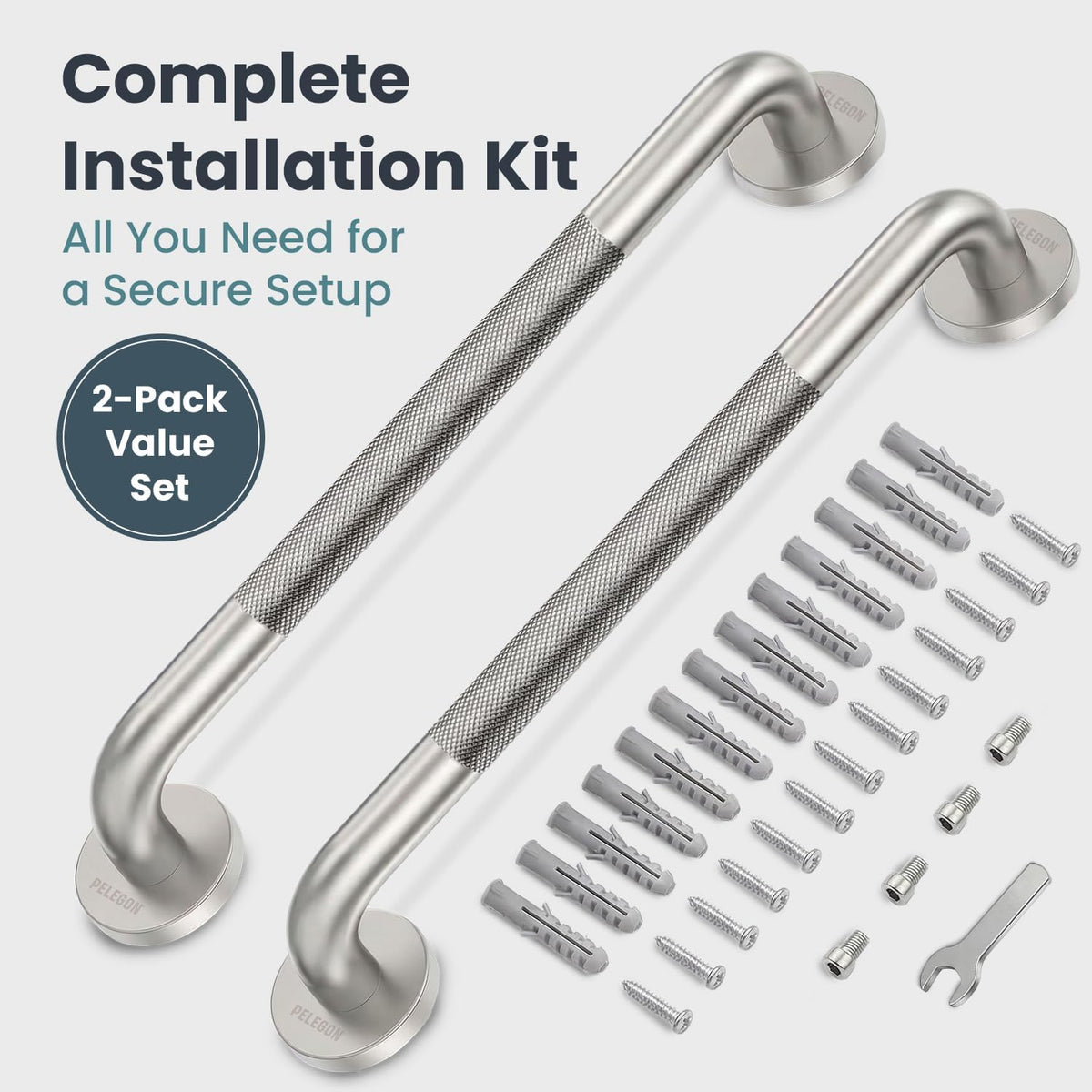 PELEGON Grab Bars for Shower 2-Pack 16 Inch - Stainless Steel Shower Grab Bars for Seniors - Bathroom Safety Handle Non-Slip Grip Rust Resistant Wall Mounted Support Bar for Bathtub Shower - Silver